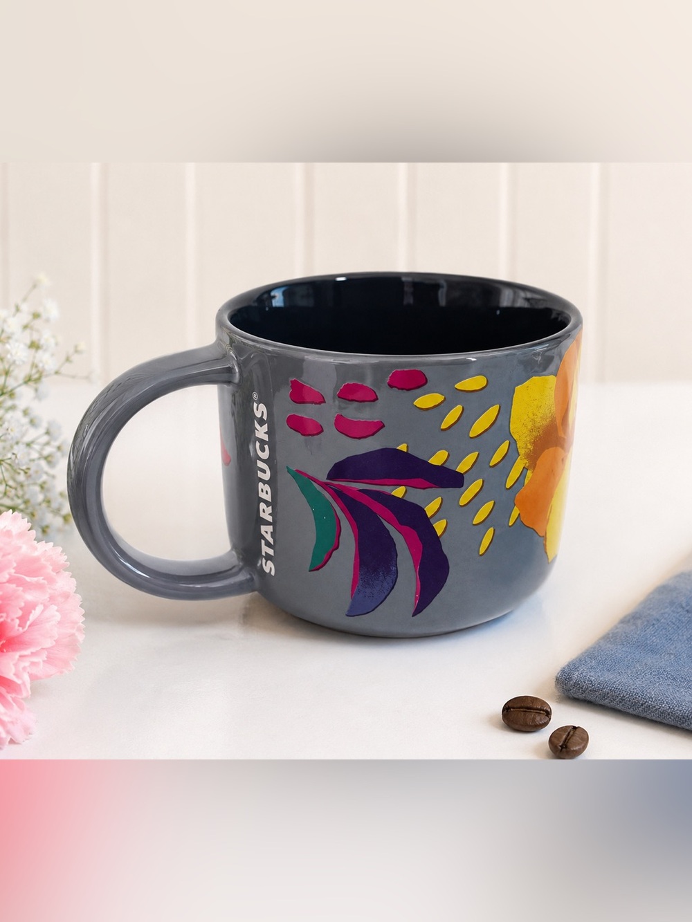 Starbucks 2023 Floral Bloom Mug 14oz Gray Tropical Flower Mug NWT